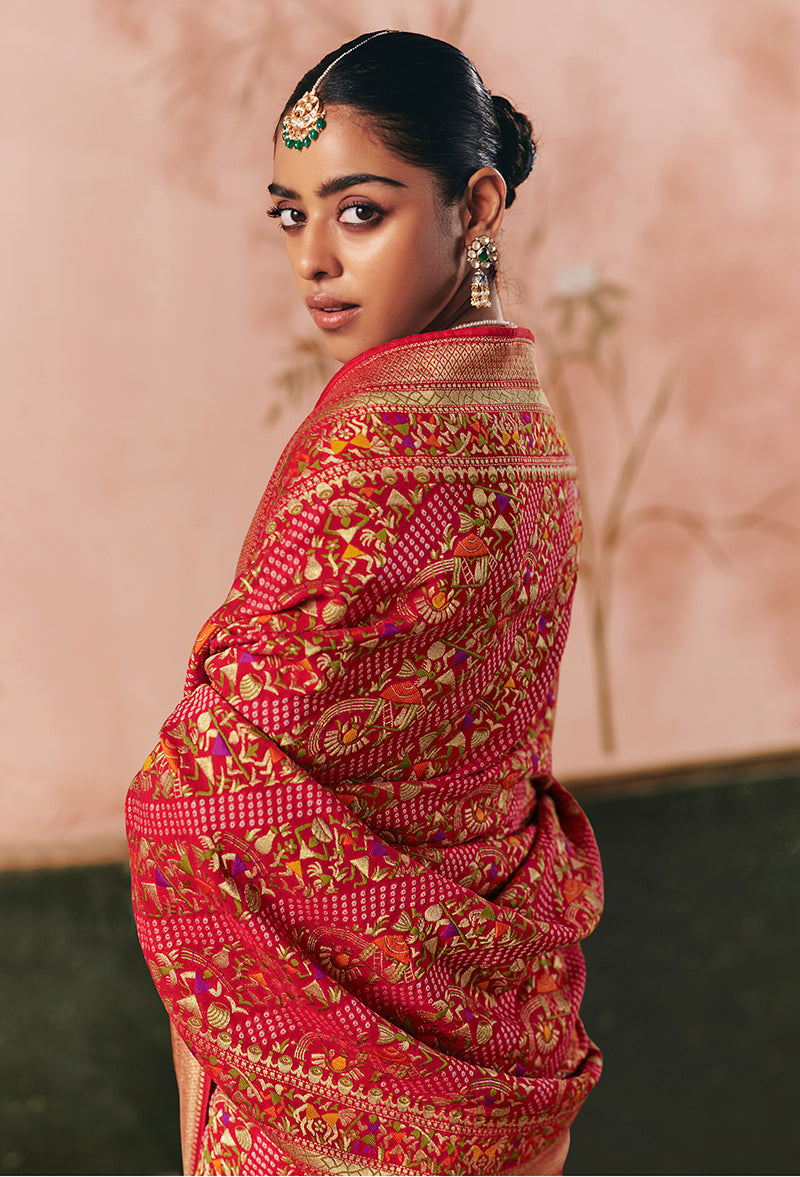 Red Bandhej Weaving Work Faux Khadi Georgette Saree