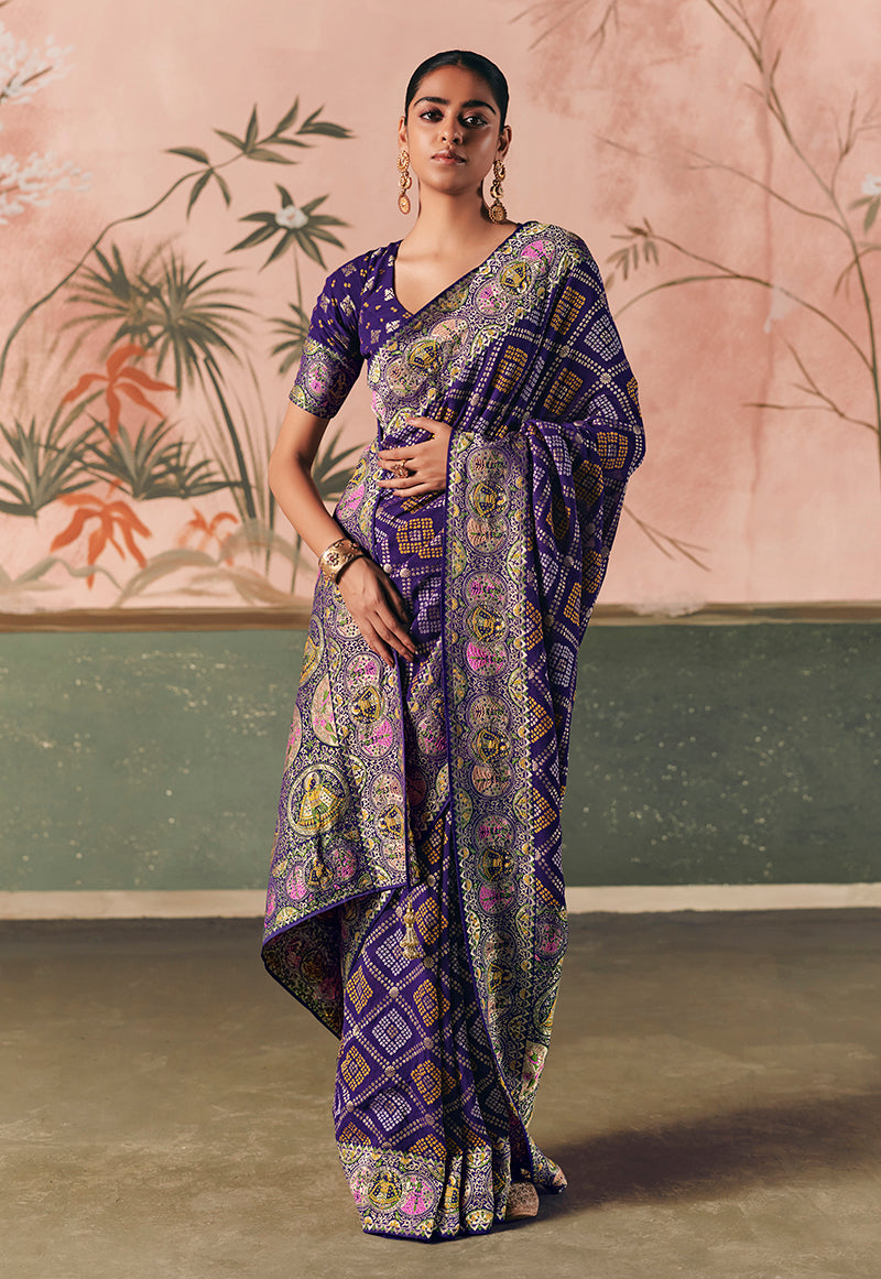 Violet Bandhej Weaving Work Faux Khadi Georgette Saree