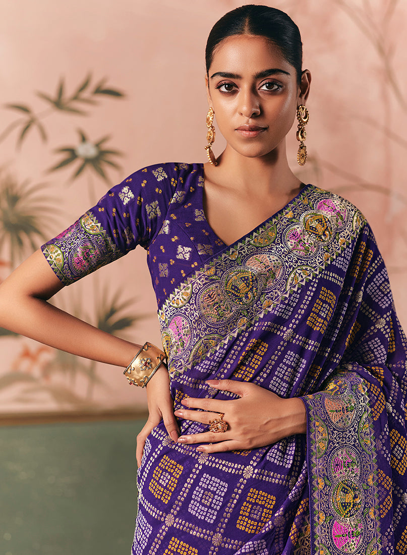 Violet Bandhej Weaving Work Faux Khadi Georgette Saree