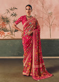 Rani pink bandhej saree with intricate weaving work in faux khadi georgette fabric
