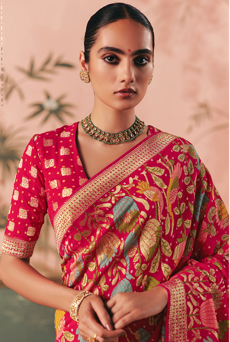 Rani Pink Bandhej Weaving Work Faux Khadi Georgette Saree