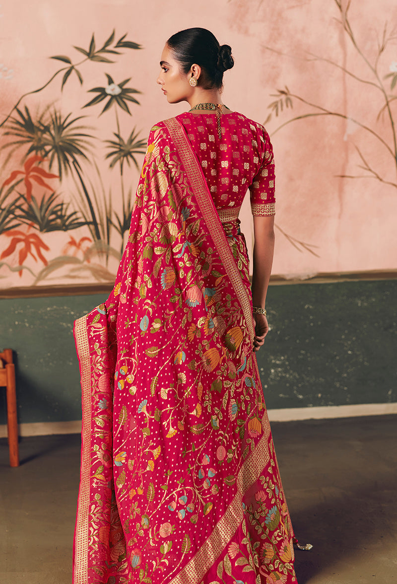 Rani Pink Bandhej Weaving Work Faux Khadi Georgette Saree