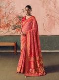 Gajri pink Bandhej saree in faux khadi georgette with traditional weaving work.