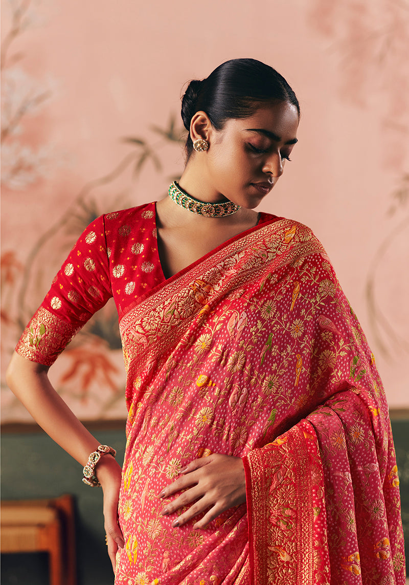 Gajri Pink Bandhej Faux Khadi Georgette Saree