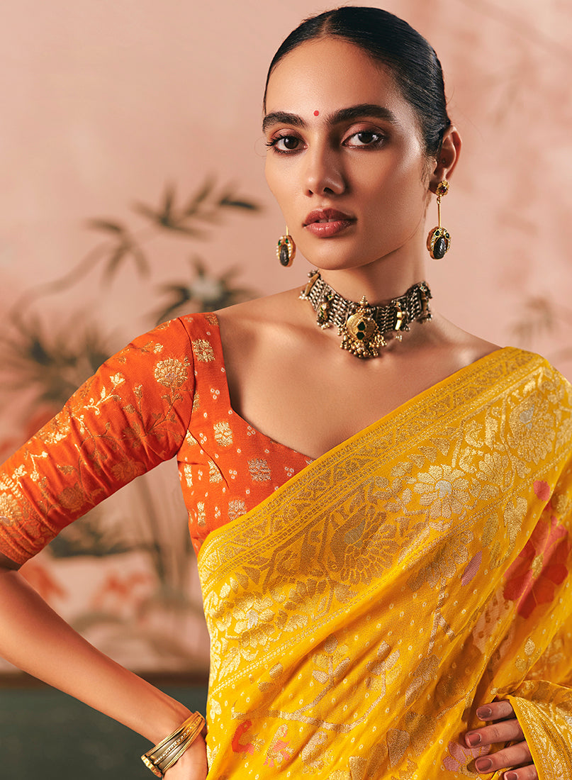 Yellow Faux Khadi Georgette Bandhej Weaving Work Saree