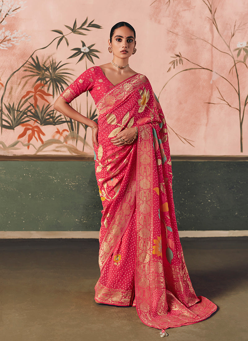 Pink Bandhej patterned saree in faux khadi georgette fabric