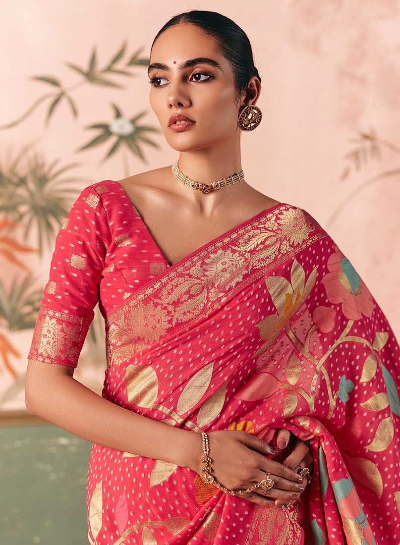 Pink Bandhej Faux Khadi Georgette Saree with Weaving