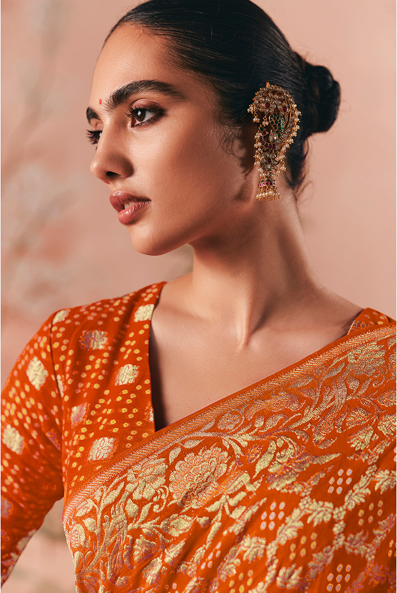 Orange Bandhej Weaving Work Faux Khadi Georgette Saree