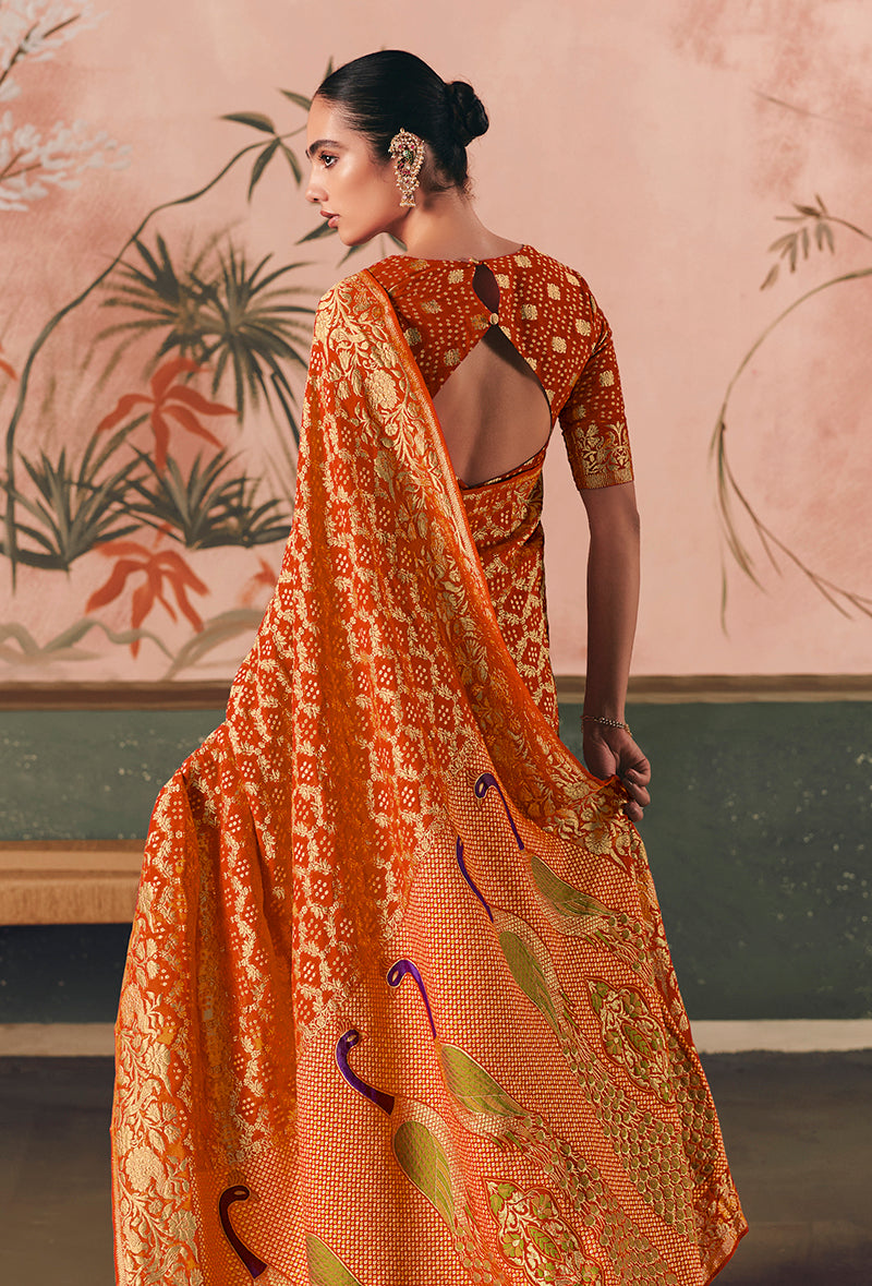 Orange Bandhej Weaving Work Faux Khadi Georgette Saree