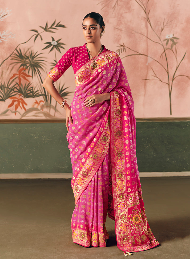 Pink Bandhej Faux Khadi Georgette Saree with traditional weaving work and tie-dye pattern