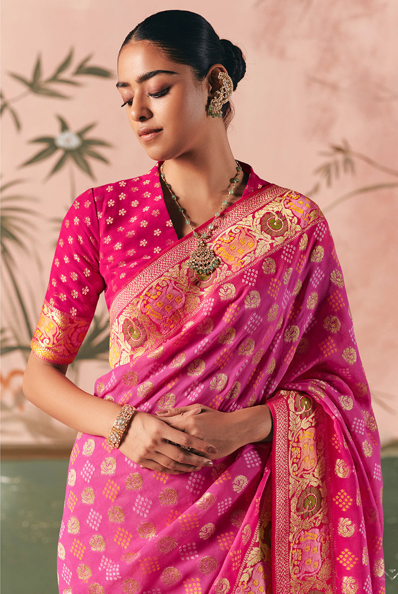 Pink Bandhej Faux Khadi Georgette Saree with Weaving Work