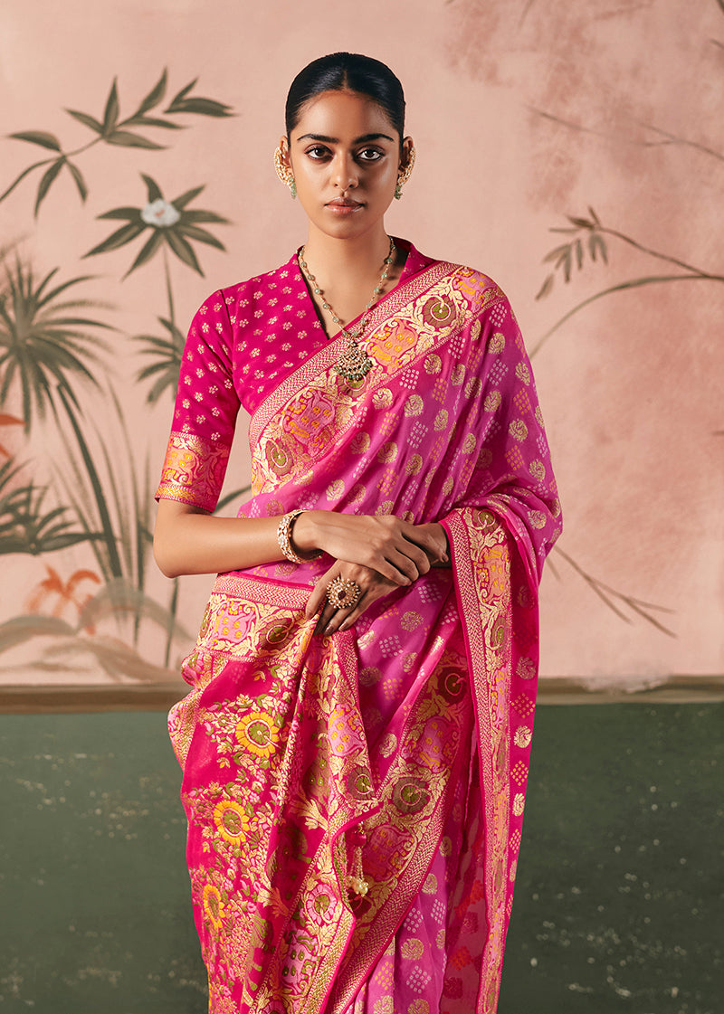 Pink Bandhej Faux Khadi Georgette Saree with Weaving Work