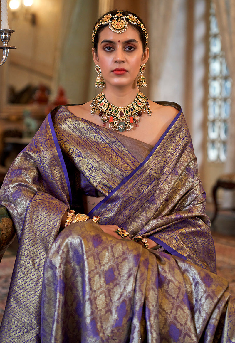 Violet Kanjivaram Silk Blend Saree with Traditional Woven Work