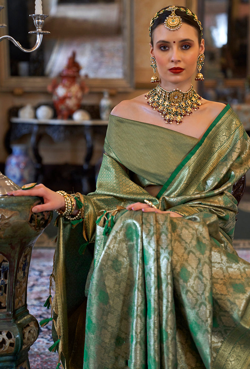 Green Kanjivaram Silk Blend Saree with Woven Work for Women