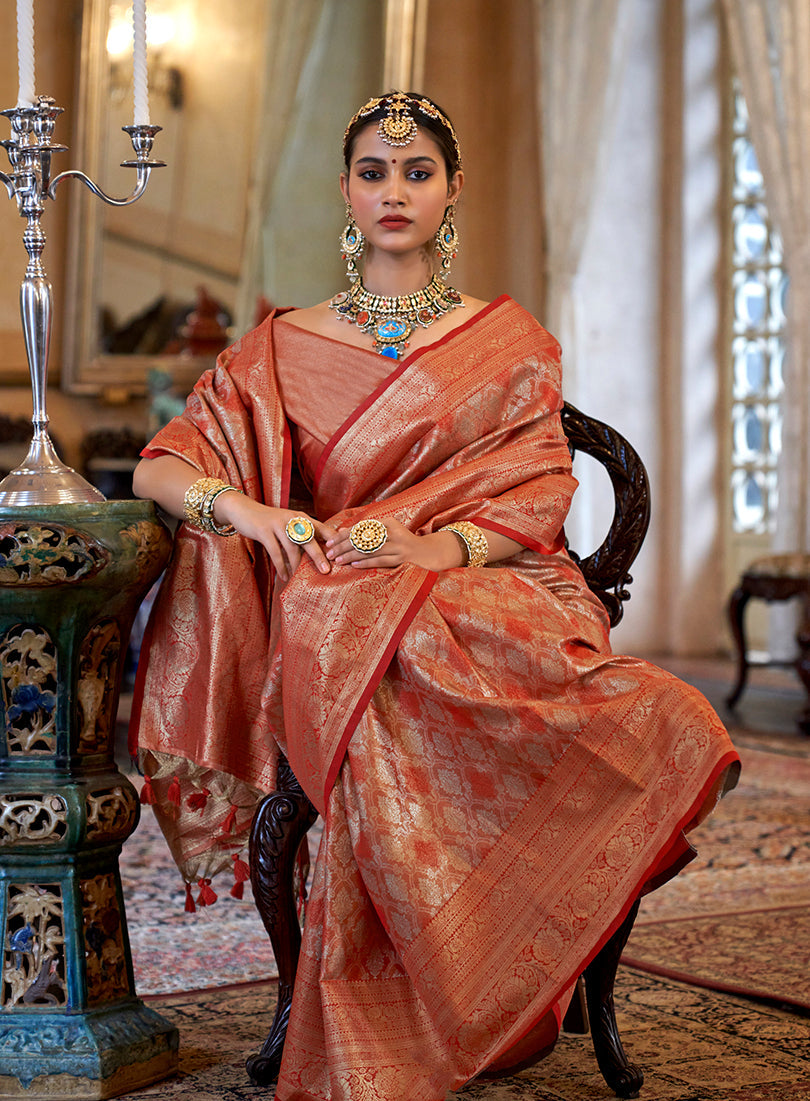 Orange Kanjivaram Silk Blend Saree with Traditional Woven Work
