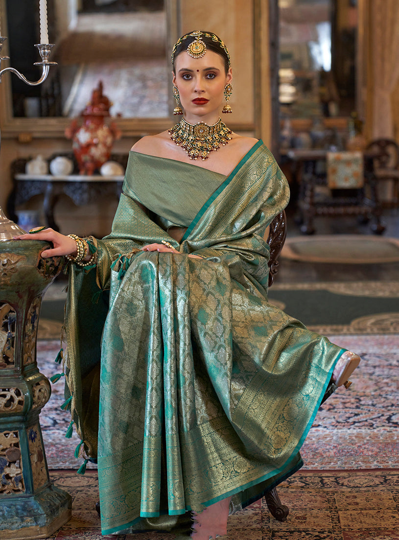 Teal Kanjivaram Silk Blend Woven Saree for Women