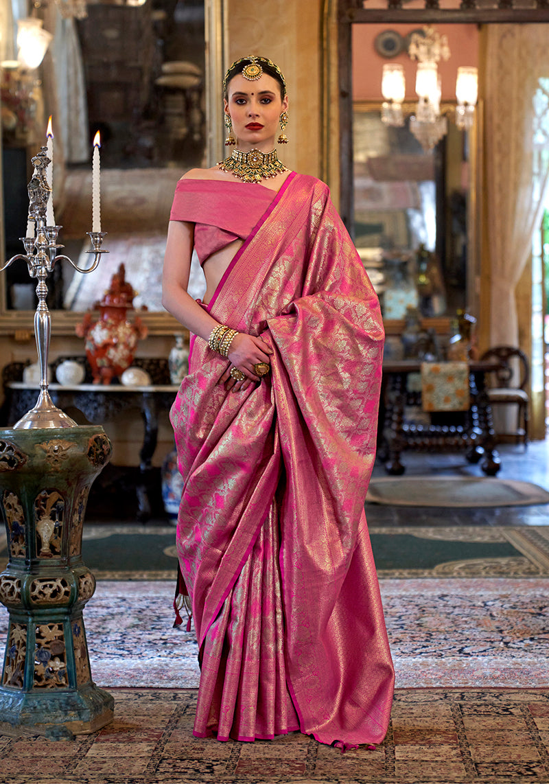 Pink Kanjivaram silk blend saree with elegant woven patterns