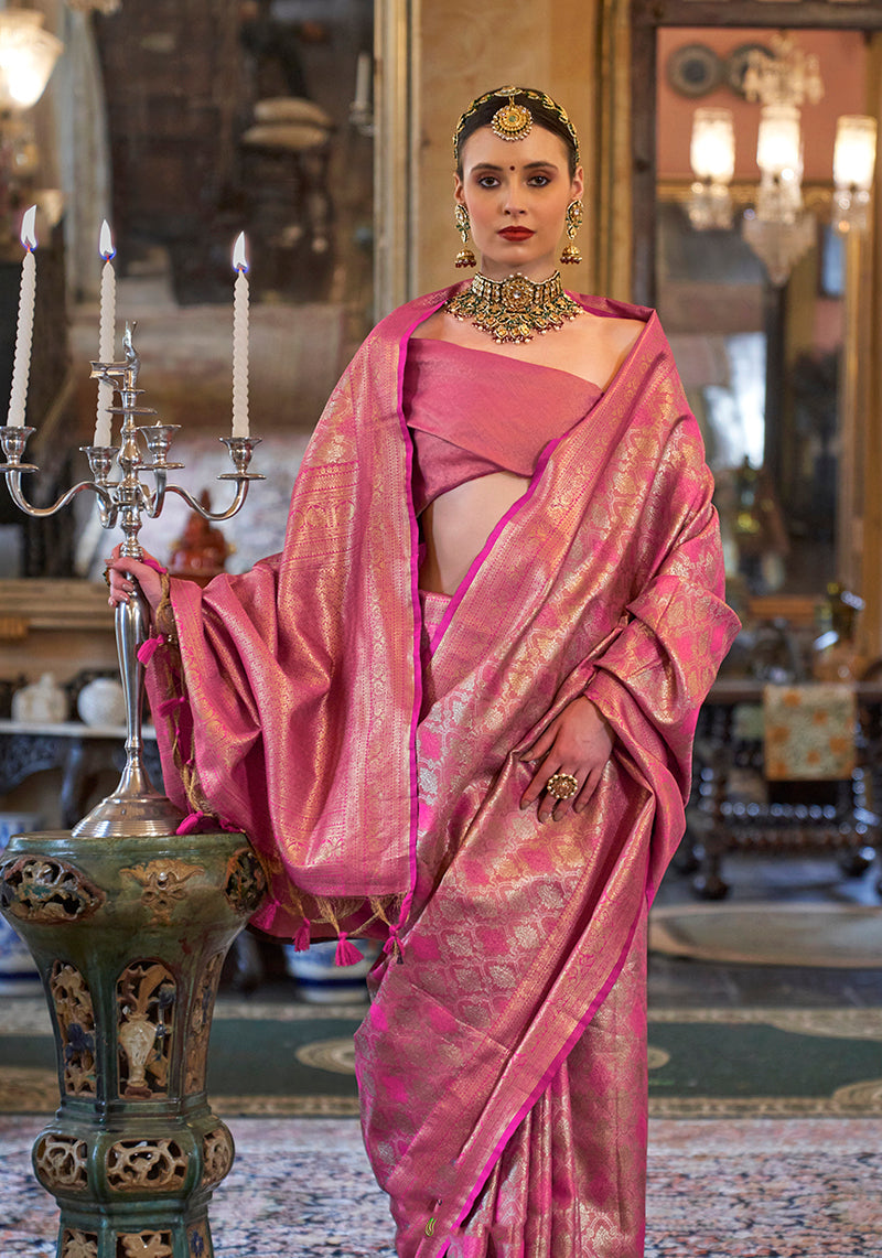 Pink Kanjivaram Silk Blend Saree with Woven Work