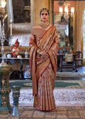 Brown Kanjivaram silk blend saree featuring detailed traditional woven work
