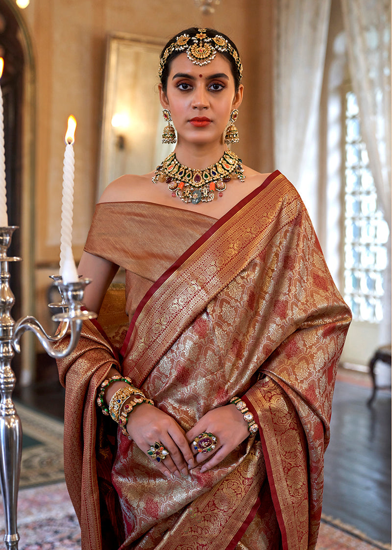 Classic Brown Kanjivaram Silk Blend Saree with Woven Work