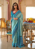 Aqua blue printed silk blend saree with contemporary abstract design