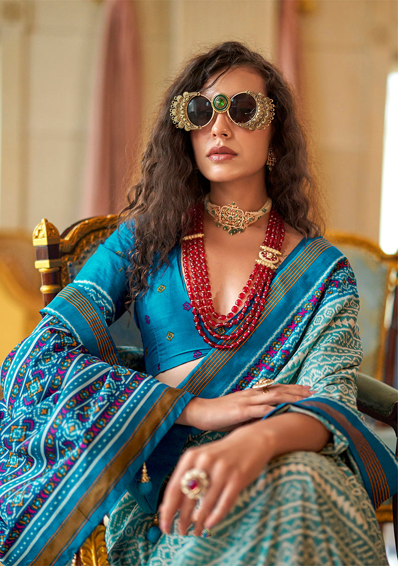 Aqua Blue Printed Silk Blend Contemporary Party Saree