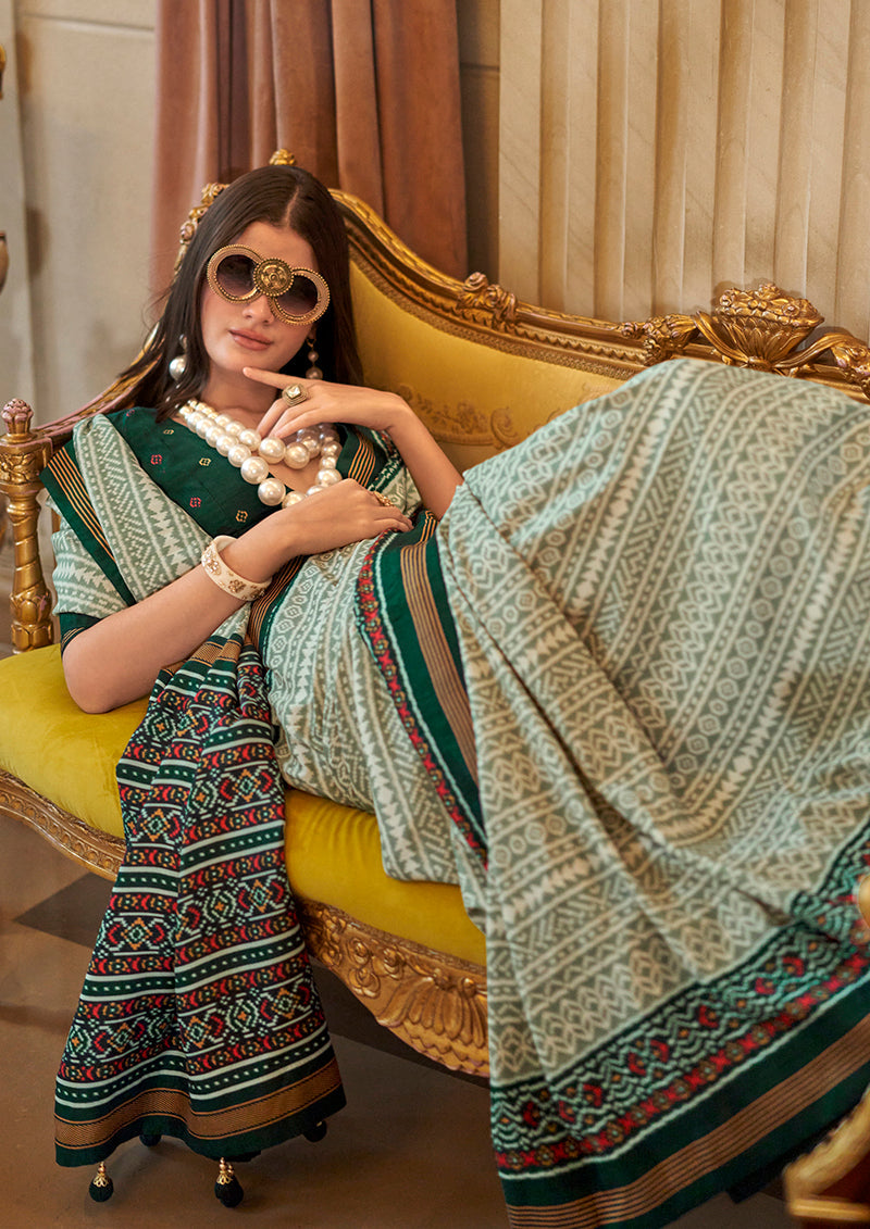 Contemporary Green Printed Silk Blend Party Wear Saree