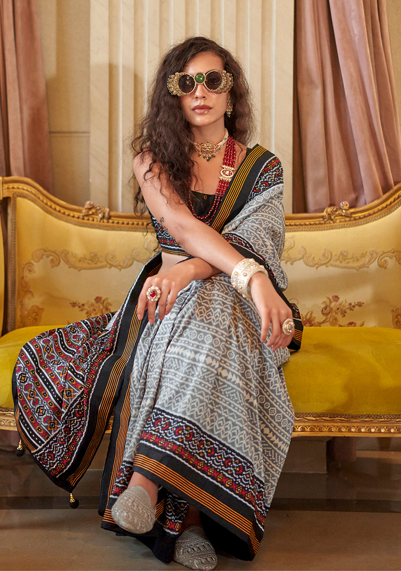Grey Printed Silk Blend Contemporary Party Saree for Women