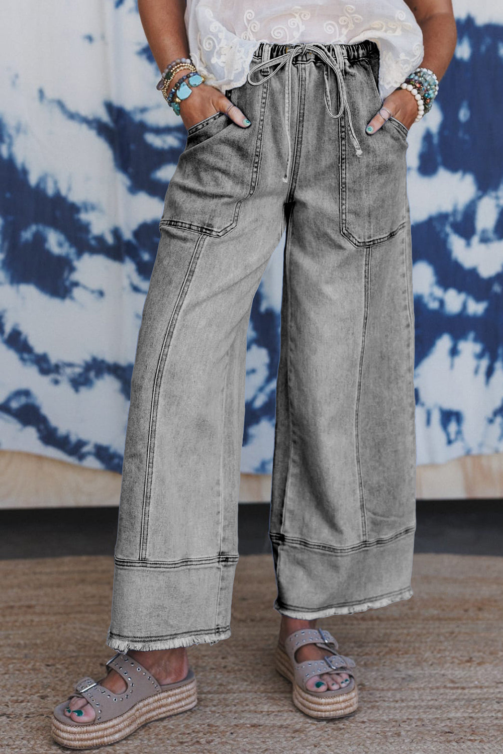 Beau Blue Drawstring Seam Detail Raw Hem Wide Leg Jeans