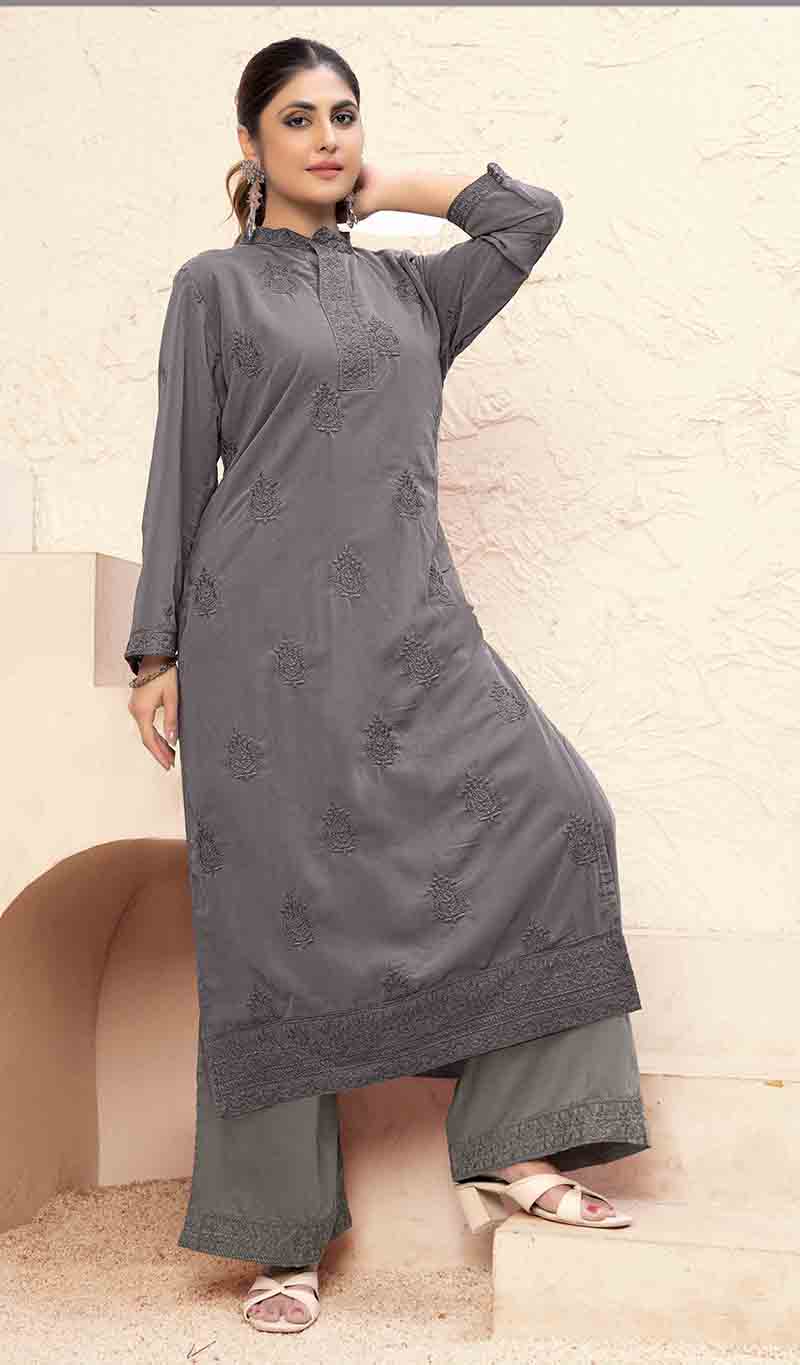 Grey Georgette Embroidered Pant Style Suit for Parties & Festivals