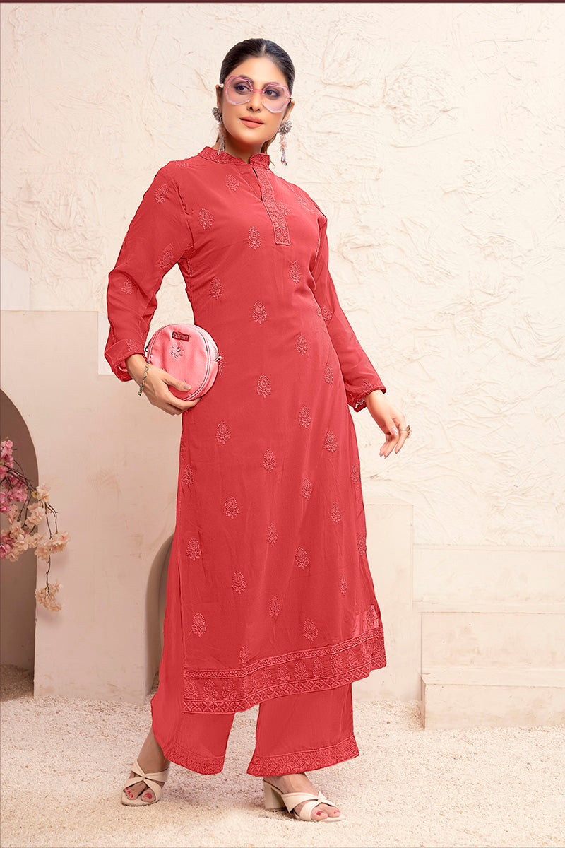 Light Red Georgette Embroidered Party Pant Style Suit