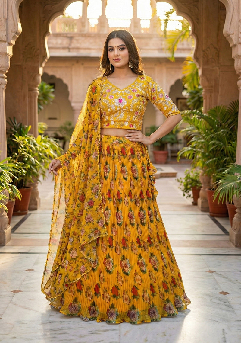 Yellow floral printed organza lehenga choli with digital floral patterns.