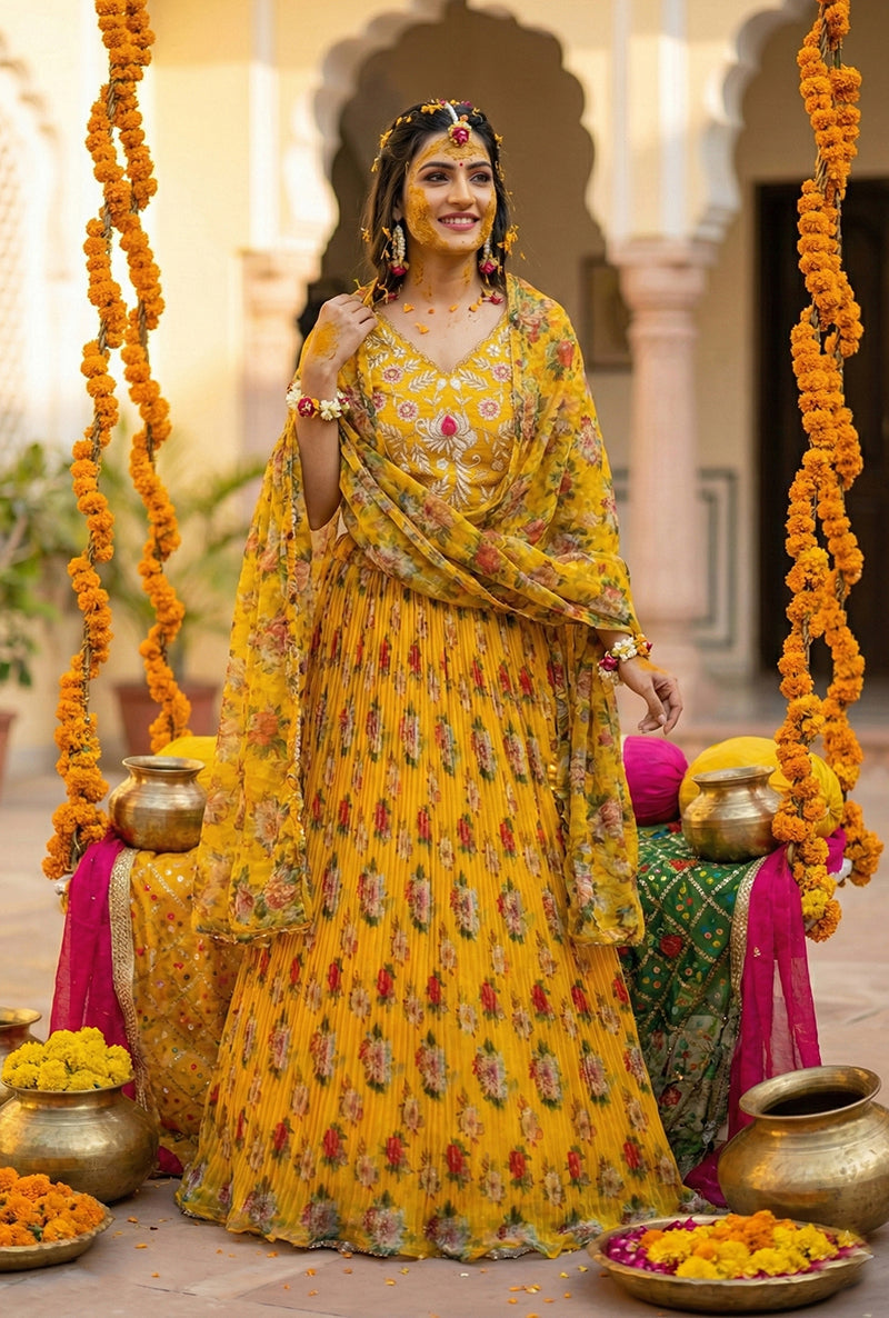 Yellow Floral Printed Organza Lehenga Choli Set