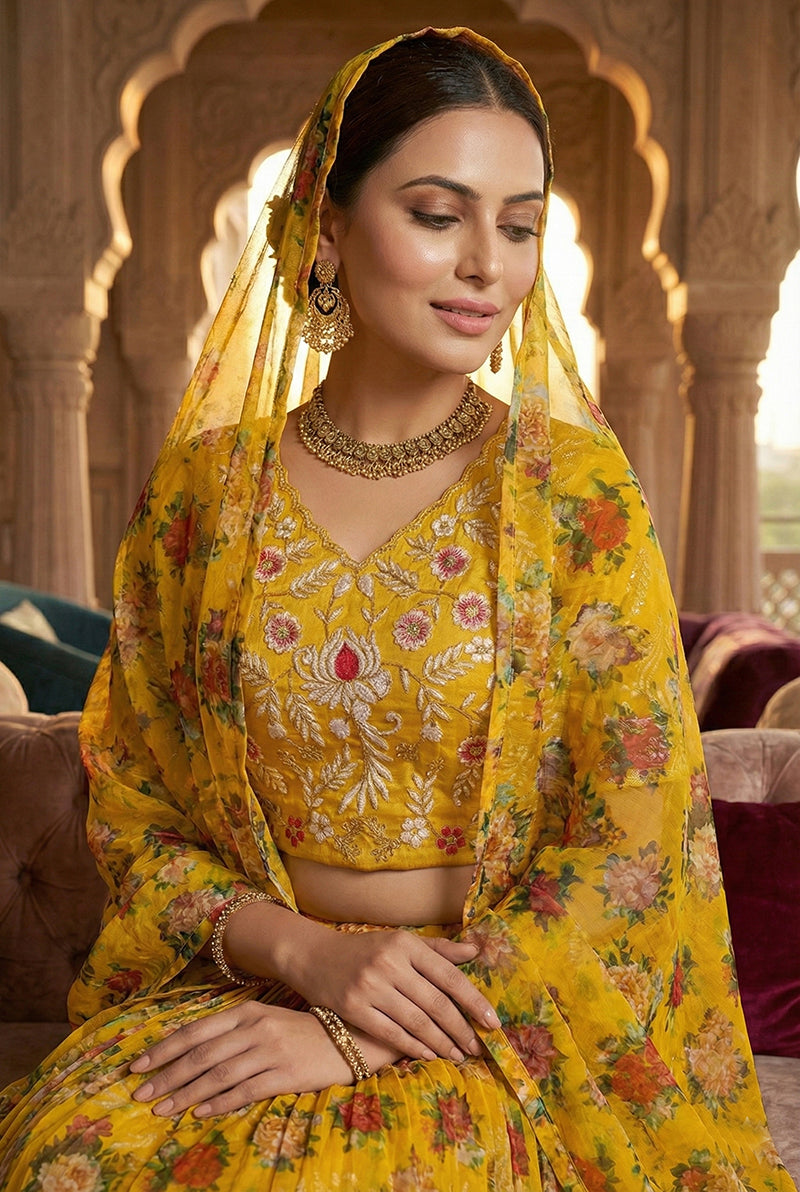 Yellow Floral Printed Organza Lehenga Choli Set