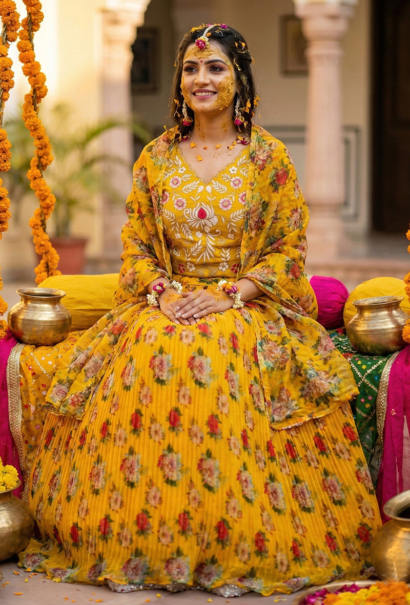 Yellow Floral Printed Organza Lehenga Choli Set