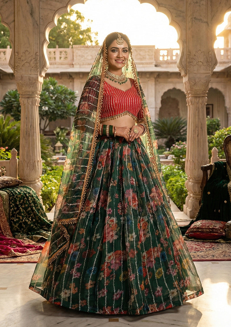 Dark Green Floral Printed Embroidered Organza Lehenga Choli