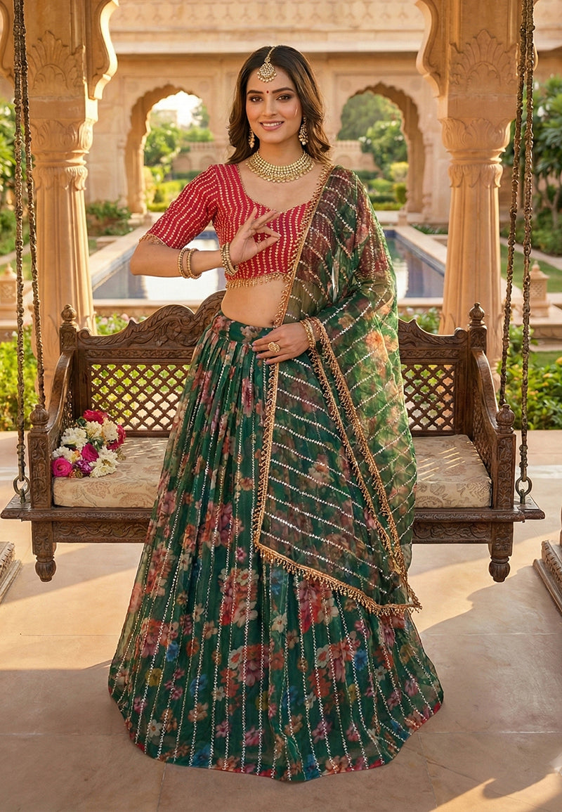 Dark green organza lehenga choli set with floral prints and intricate embroidery