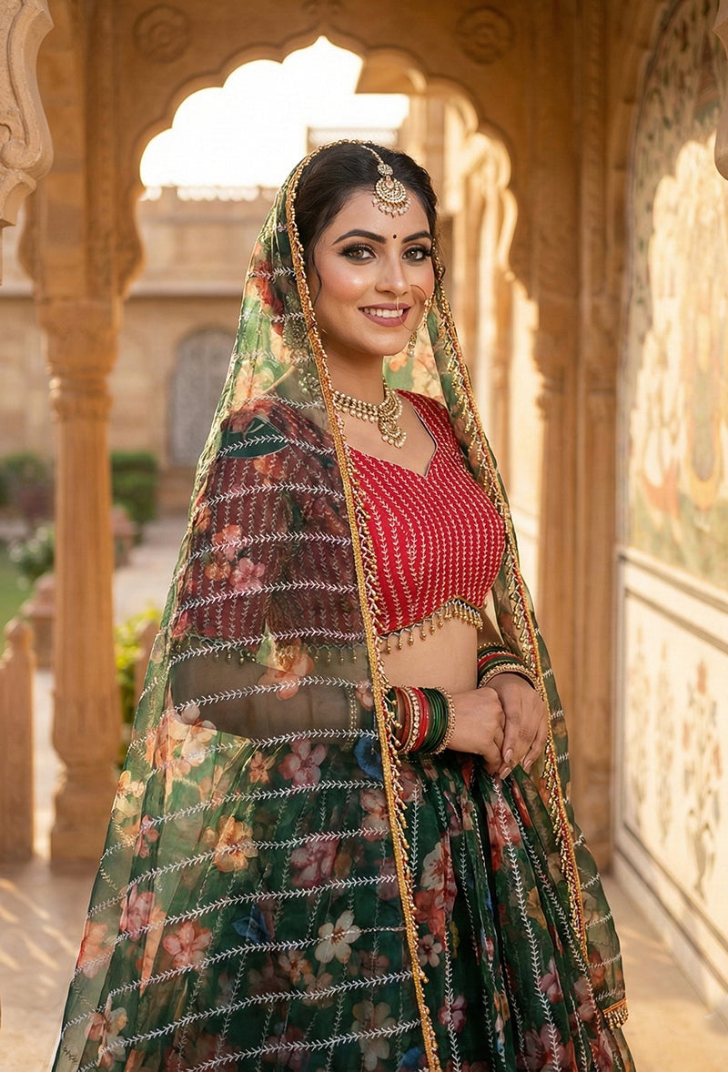 Dark Green Floral Printed Embroidered Organza Lehenga Choli