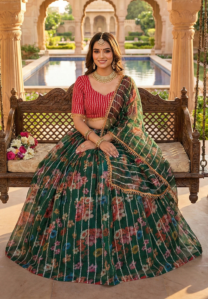 Dark Green Floral Printed Embroidered Organza Lehenga Choli