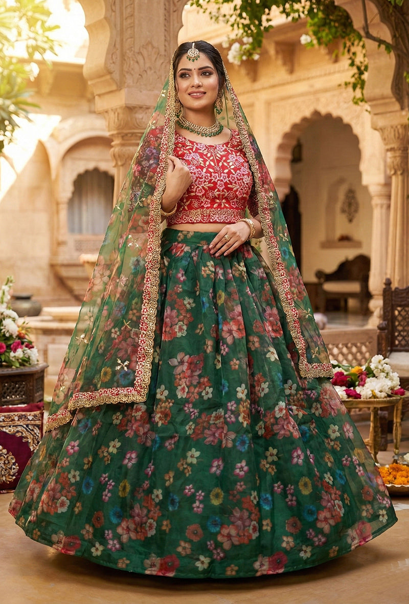 Dark green organza lehenga choli with floral digital print and designer blouse.