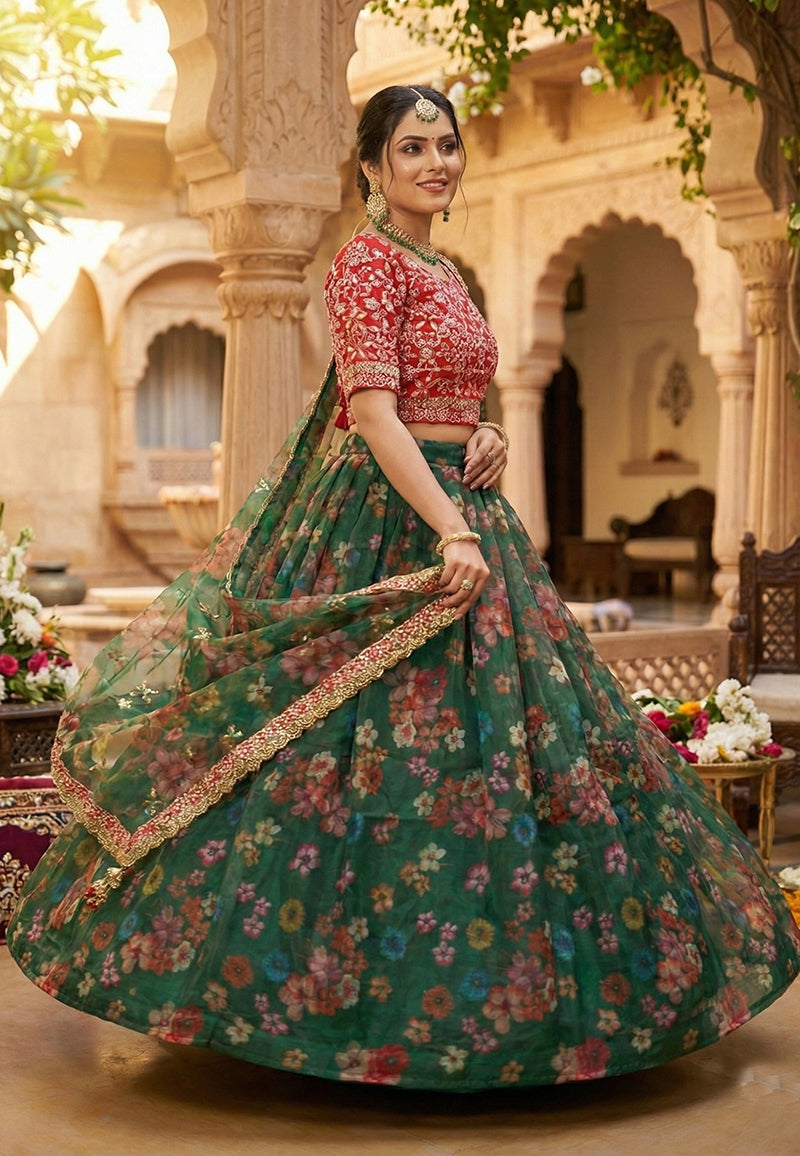 Dark Green Floral Print Organza Lehenga Choli for Wedding Guest