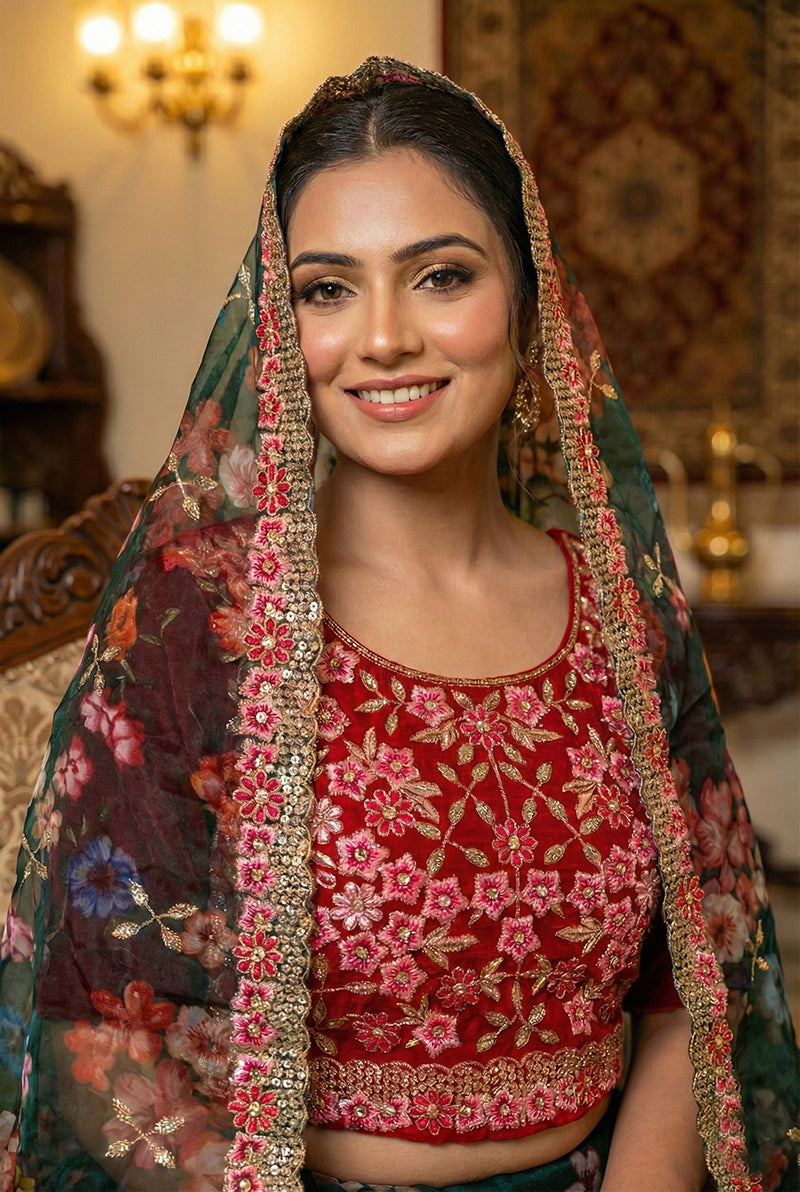 Dark Green Floral Print Organza Lehenga Choli for Wedding Guest