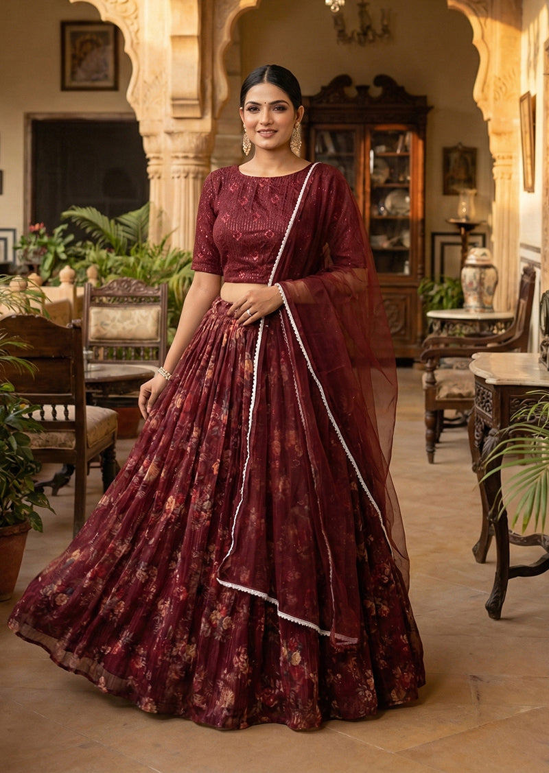 Wine Floral Printed Organza Lehenga Choli with Designer Blouse