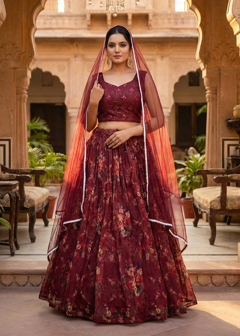Wine Floral Printed Organza Lehenga Choli with Designer Blouse