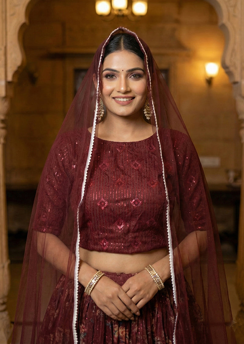 Wine Floral Printed Organza Lehenga Choli with Designer Blouse
