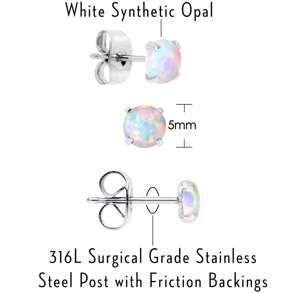 White Synthetic Opal Stud Earrings, Stainless Steel Post Set of 3