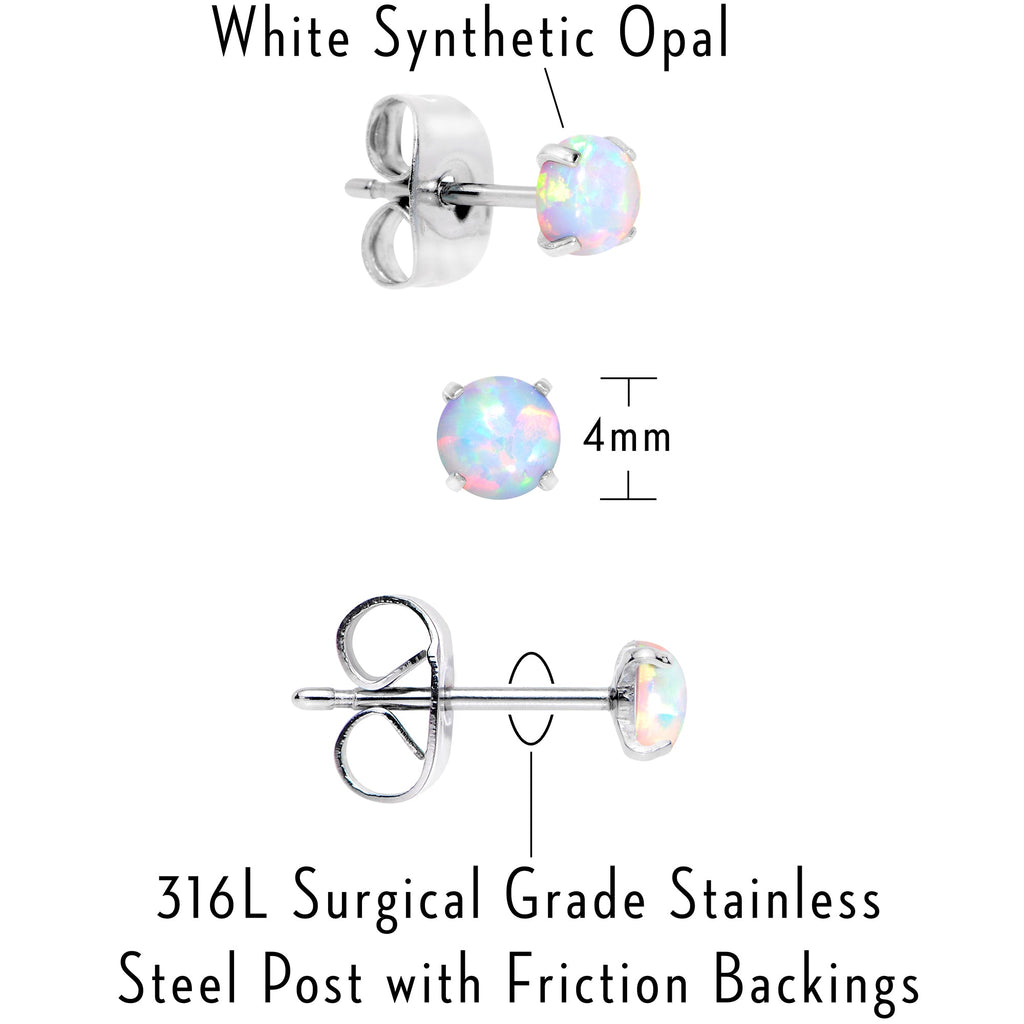 White Synthetic Opal Stud Earrings, Stainless Steel Post Set of 3