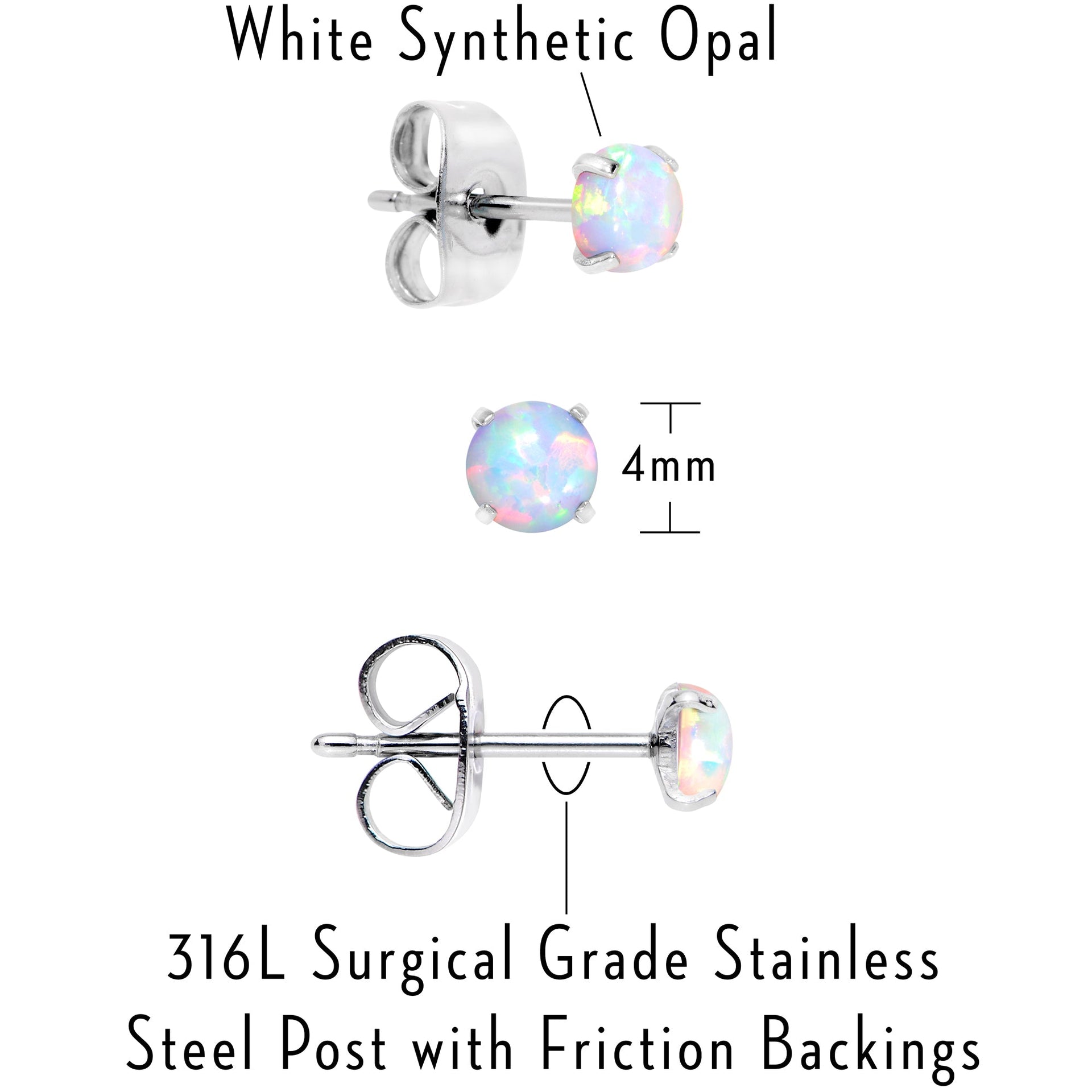 White Synthetic Opal Stud Earrings, Stainless Steel Post Set of 3