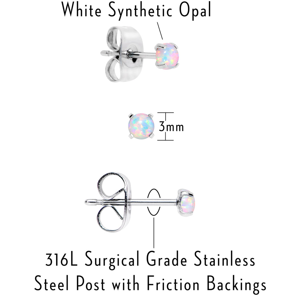 White Synthetic Opal Stud Earrings, Stainless Steel Post Set of 3