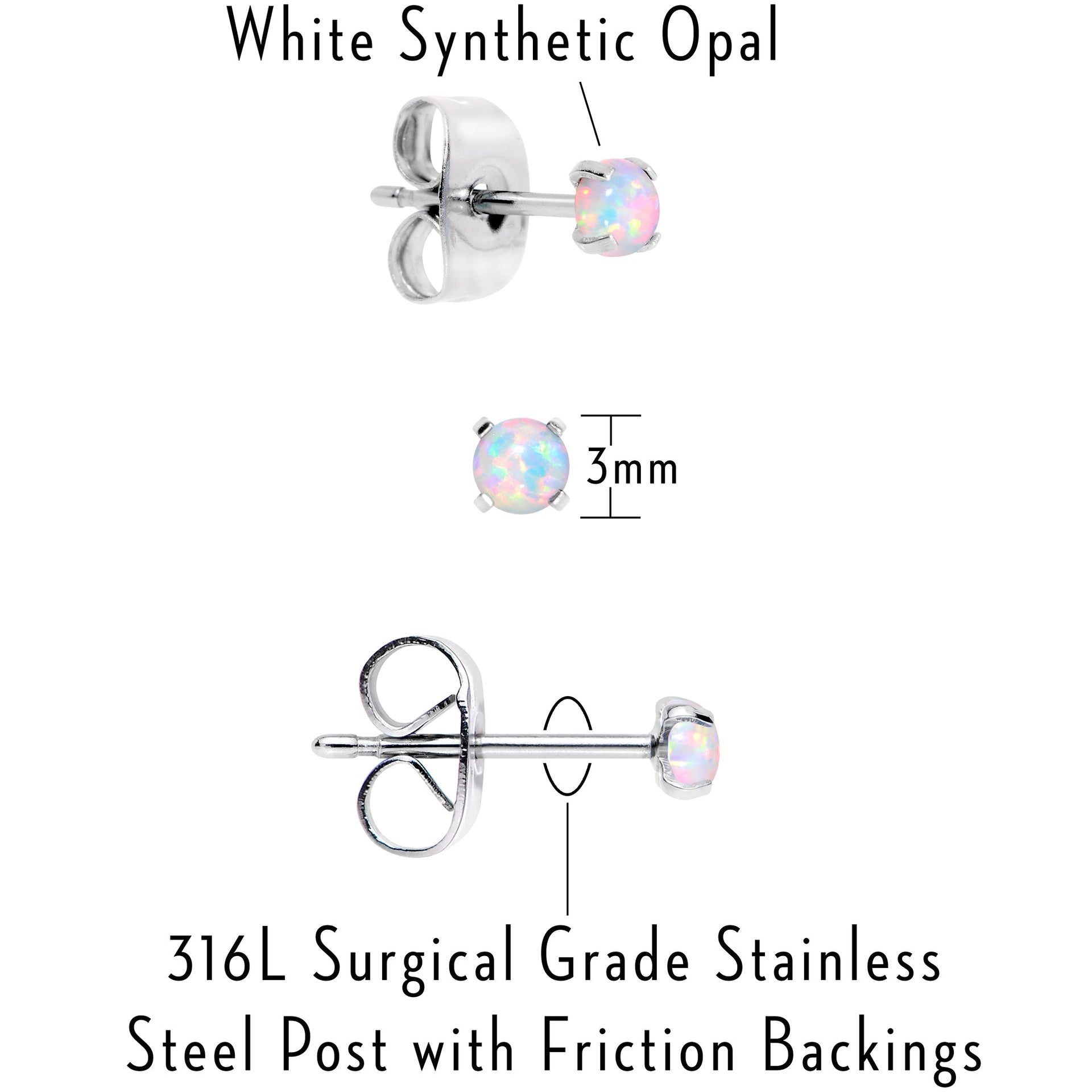 White Synthetic Opal Stud Earrings, Stainless Steel Post Set of 3